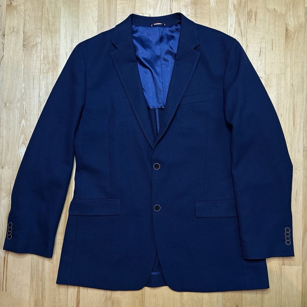 Tommyβ Hilfiger Men Worsted Wool Blend Sport Coat Blazer Blue 42L Preppy Classic